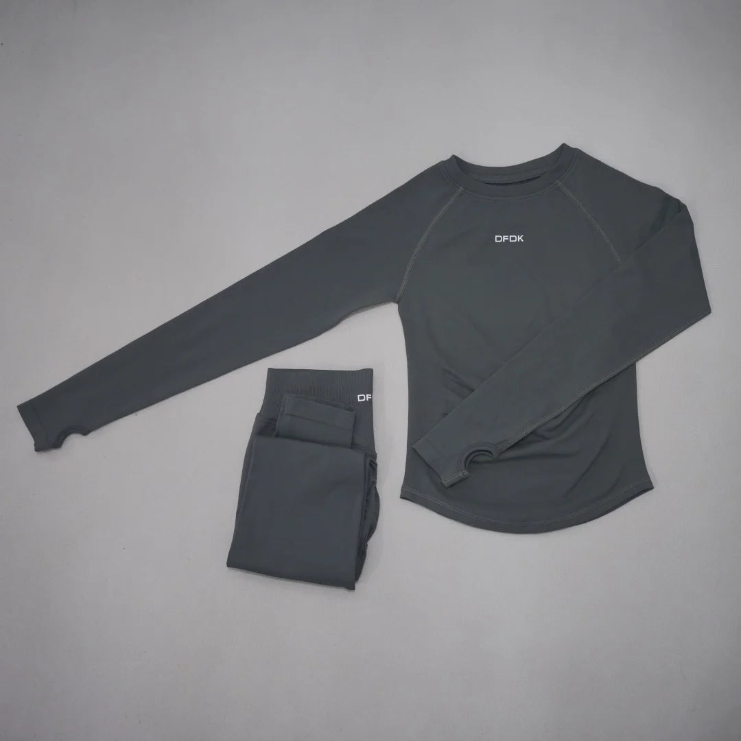 DFDK Set Yoga da Donna 2 Pezzi Senza Cuciture, Top a Maniche Lunghe Slim Fit e Leggings a Vita Alta, Traspirante e ad Asciugatura Rapida per Palestra, Corsa e Fitness