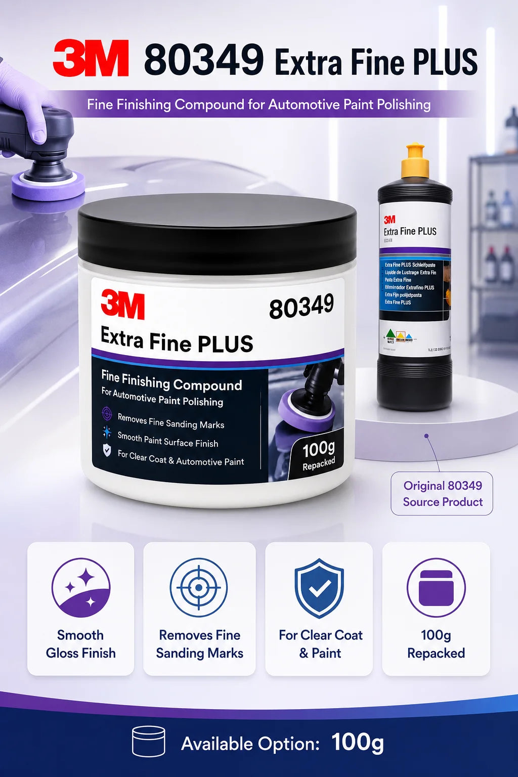 Composto Lucidante Professionale 3M 80349 Extra Fine Plus per Vernice Auto, Rimozione Graffi Sottili, Dettagliatura Finitura Trasparente, 100g Riconfezionato