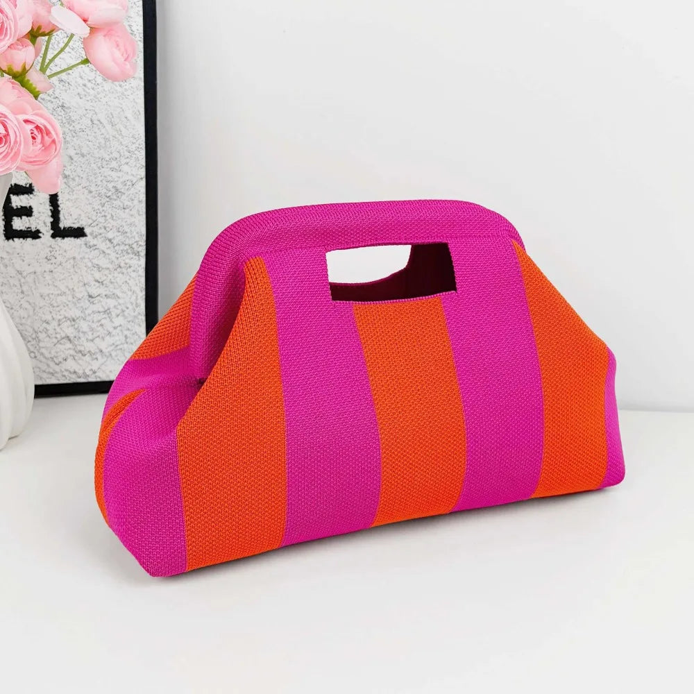 Nuova borsa intrecciata traforata a righe, borsa a mano in maglia, versatile borsa portatile per cosmetici
