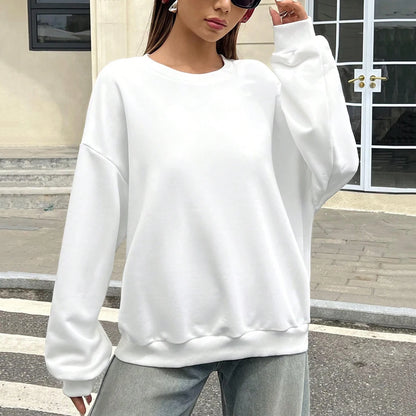 Felpa Sportiva Bianca da Donna per Autunno e Inverno, Top Casual Ampio, Nuova Felpa Casual a Maniche Lunghe con Collo Tondo in Tinta Unita