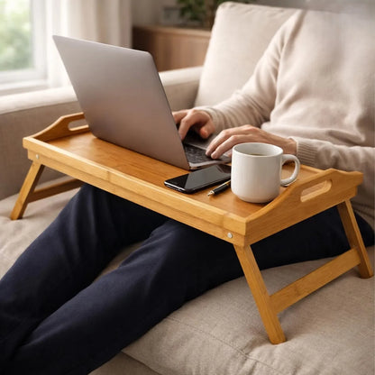 Vassoio Multifunzionale in Legno con Gambe Pieghevoli - Tavolino in Bambù 50x30 cm - Colazione con Maniglie, Gambe Retrattili, Ideale per Letto, Divano e PC, ciotola tibetana, piatti decorativi, fruttiera, organizer, ciotola