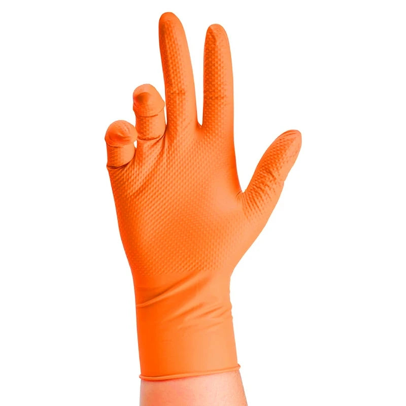 Guanti monouso industriali in nitrile arancione resistenti Guanti monouso industriali da 8 milioni con impugnatura testurizzata a diamante per la sicurezza meccanica e guanti da lavoro