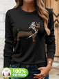 T-shirt da donna in 100% puro cotone, a maniche lunghe, con scollo rotondo, stile casual, con stampa grafica floreale, vestibilità ampia, ideale per la primavera e l'autunno.