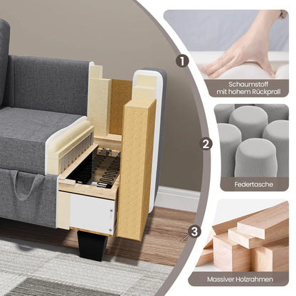 Divano componibile con spazio contenitore, chaise longue trasformabile per soggiorno e camera da letto