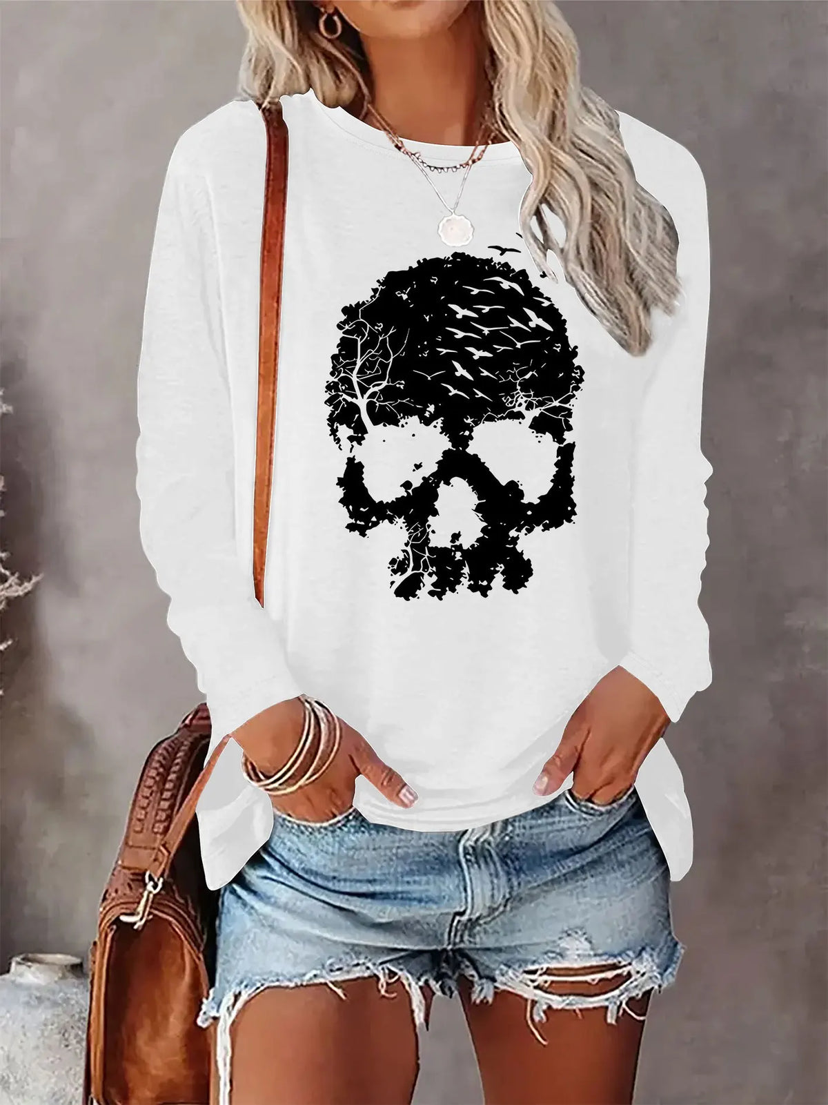 T-shirt da donna in 100% cotone, modello slim, a maniche lunghe, top bianco sottile, maglietta da donna