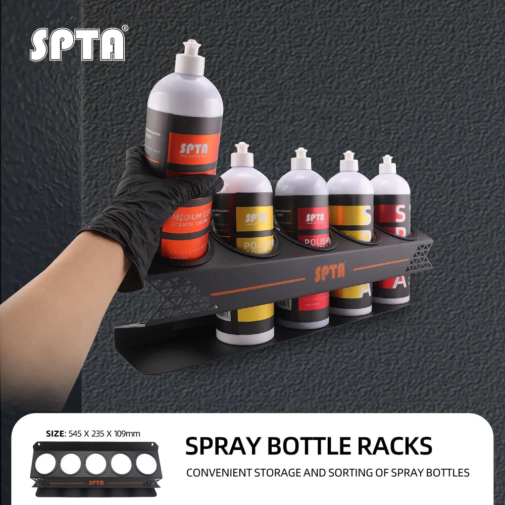 SPTA 1Pc Supporto per flacone spray di composto lucidante per detailing, organizer in metallo da parete, facile da usare, per 5 spruzzatori (16oz)