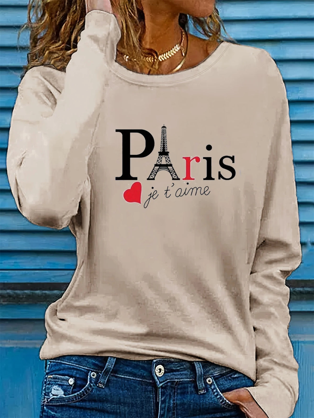 T-shirt girocollo stampata con motivo Torre Eiffel Parigi a maniche lunghe comoda moda primavera e autunno 100% cotone da donna
