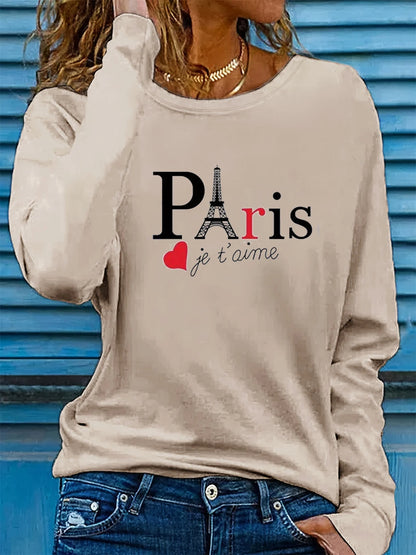 T-shirt girocollo stampata con motivo Torre Eiffel Parigi a maniche lunghe comoda moda primavera e autunno 100% cotone da donna