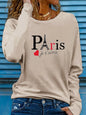 T-shirt girocollo stampata con motivo Torre Eiffel Parigi a maniche lunghe comoda moda primavera e autunno 100% cotone da donna