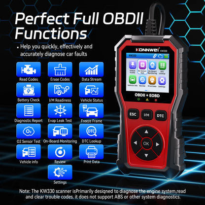 2026 KONNWEI KW330 Auto OBD2 Scanner di guasti Test della batteria del motore Codice di guasto Trasparente Dati in tempo reale Strumento di ispezione OBD professionale