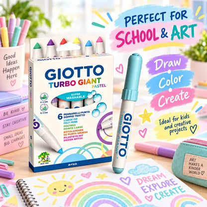 GIOTTO Set da 6 Pennarelli Pastello Turbo Giant Super Lavabili con Punta Larga in Feltro per Disegno, Colorazione, Progetti Artistici Scolastici per Bambini