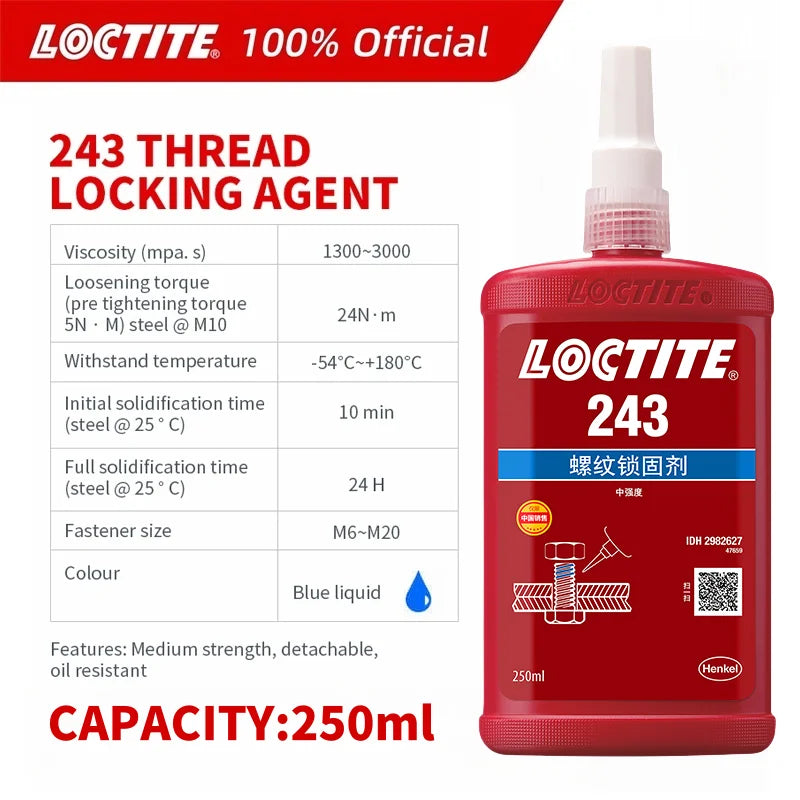 100% originale Loctite 243 Frenafiletti Vite Colla Blu Colla anaerobica a media resistenza Fissatore per viti 10 ml/50 ml/250 ml