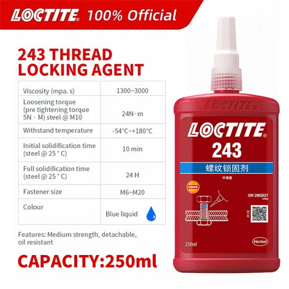 100% originale Loctite 243 Frenafiletti Vite Colla Blu Colla anaerobica a media resistenza Fissatore per viti 10 ml/50 ml/250 ml