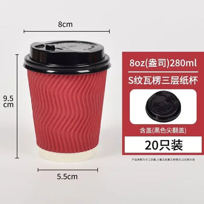 20 set di bicchieri di carta usa e getta colorati, onde di carta ondulata, antiscottatura, tazze da tè al latte, tazze da caffè confezionate da asporto con coperchio