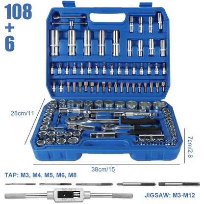 Set di chiavi a cricchetto e bussole da 114 pezzi/100 pezzi, kit di attrezzi per la riparazione di auto, set di chiavi a cricchetto da 1/4" e 1/2", combinazione di chiavi a cricchetto e chiavi dinamometriche, con maschi (M3,