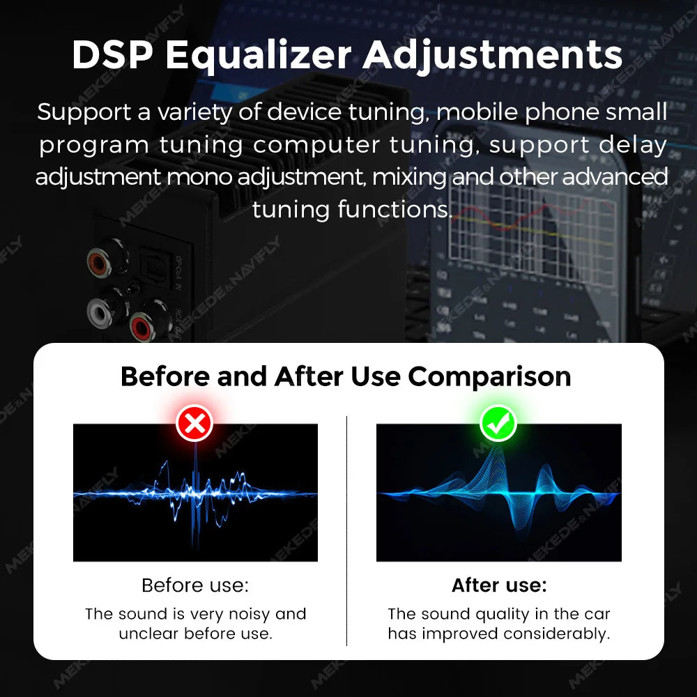 Amplificatore DSP per auto MEKEDE 4*80 W, compatibile con autoradio Android, regolazione EQ tramite app, plug-and-play, supporto fibra ottica/coassiale/AUX/RCA/USB