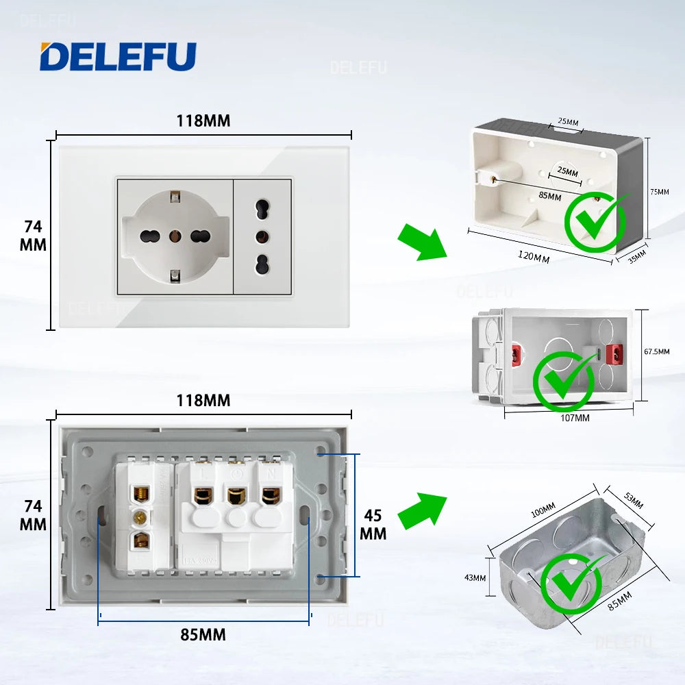 DELEFU Presa a Muro in Vetro Temperato Bianco Italia USB Tipo C Ricarica Rapida Interruttore Schuko TV Satellitare Citofono Cile