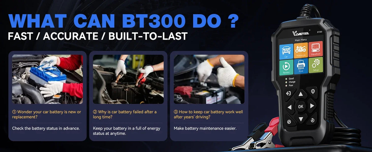 VDIAGTOOL BT300 Tester per Batterie Auto 6-12V, 5-3000 CCA per Analizzatore Batterie Auto, Camion, Moto con Test di Carica, Test di Avviamento, Test di Tensione SOH SOC, Strumento per Test del Sistema di Ricarica e Avviamento