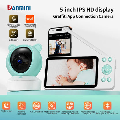 Danmini 2.4G 5 pollici Baby Monitor Tuya App Telecomando 1080P Videocamera Video Citofono bidirezionale Rilevazione movimento Monitor wireless