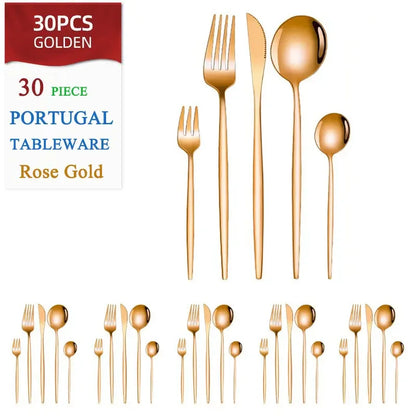 Set di posate dorate da 30 pezzi in acciaio inossidabile, coltelli, forchette, cucchiai, set di stoviglie per banchetti, ristoranti e ospiti