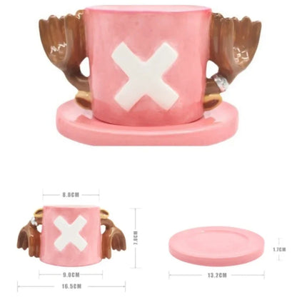 Tazza da caffè e piattino del fumetto Tazze d'acqua a forma di cappello creativo Cosplay Anime Chopper Ace Sabo Tazza in ceramica Piatto da dessert Regali