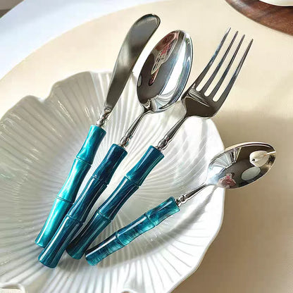 Nuovi posate in resina stile bambù 18/10 in acciaio inossidabile 304 posate classiche set di stoviglie argento blu verde crema trasporto di goccia