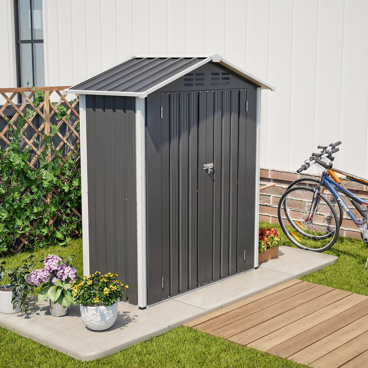 Casetta da Giardino in Metallo 5x2.6FT, Mini Capanno Multiuso per Esterni con Base e Porta Chiudibile a Chiave per Attrezzi, Cuccia per Animali, Bidone della Spazzatura, Cortile