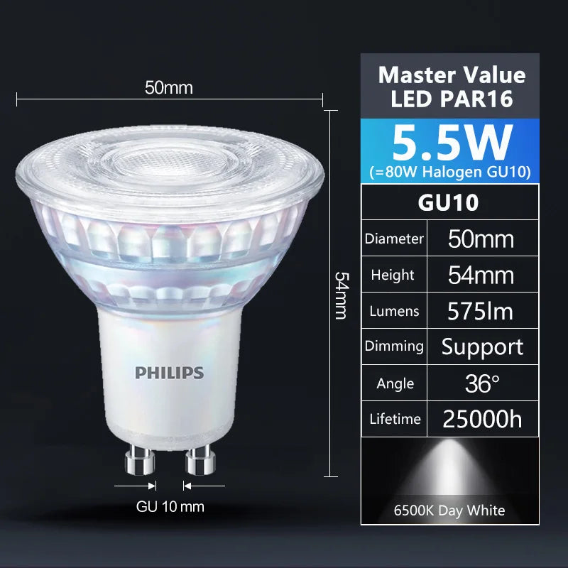 Philips LED GU10 PAR16 MASTER Value 5.5W (=80W Alogeno) 220-240V 36 °   Faretto Orientabile Dimmerabile LED Bianco 2700K 3000K 6500K