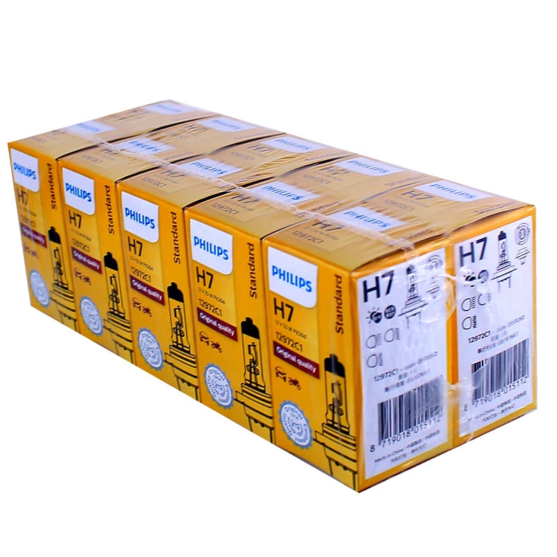 Philips 10 Lampade Vision H7 12V 55W PX26d, Faro Alogeno Originale per Auto 3200K, Lampadina Standard di Ricambio Genuina 12972C1