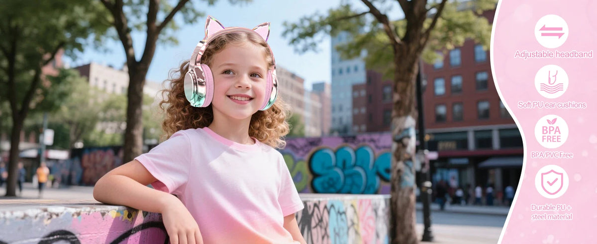 Cuffie wireless a forma di orecchie di gatto per ragazze e bambini, cuffie Bluetooth con volume sicuro 74/85/94dB, cuffie pieghevoli per bambini, ideali per i viaggi