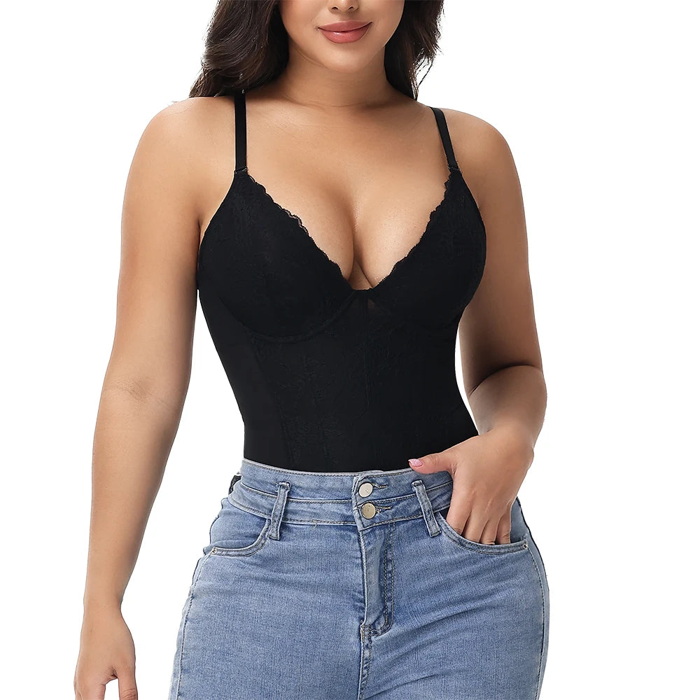 Body modellante in pizzo da donna con ferretto, controllo della pancia, modellante per tutto il corpo, corsetto con scollo a V, top, tuta, slip, lingerie, abbigliamento sexy