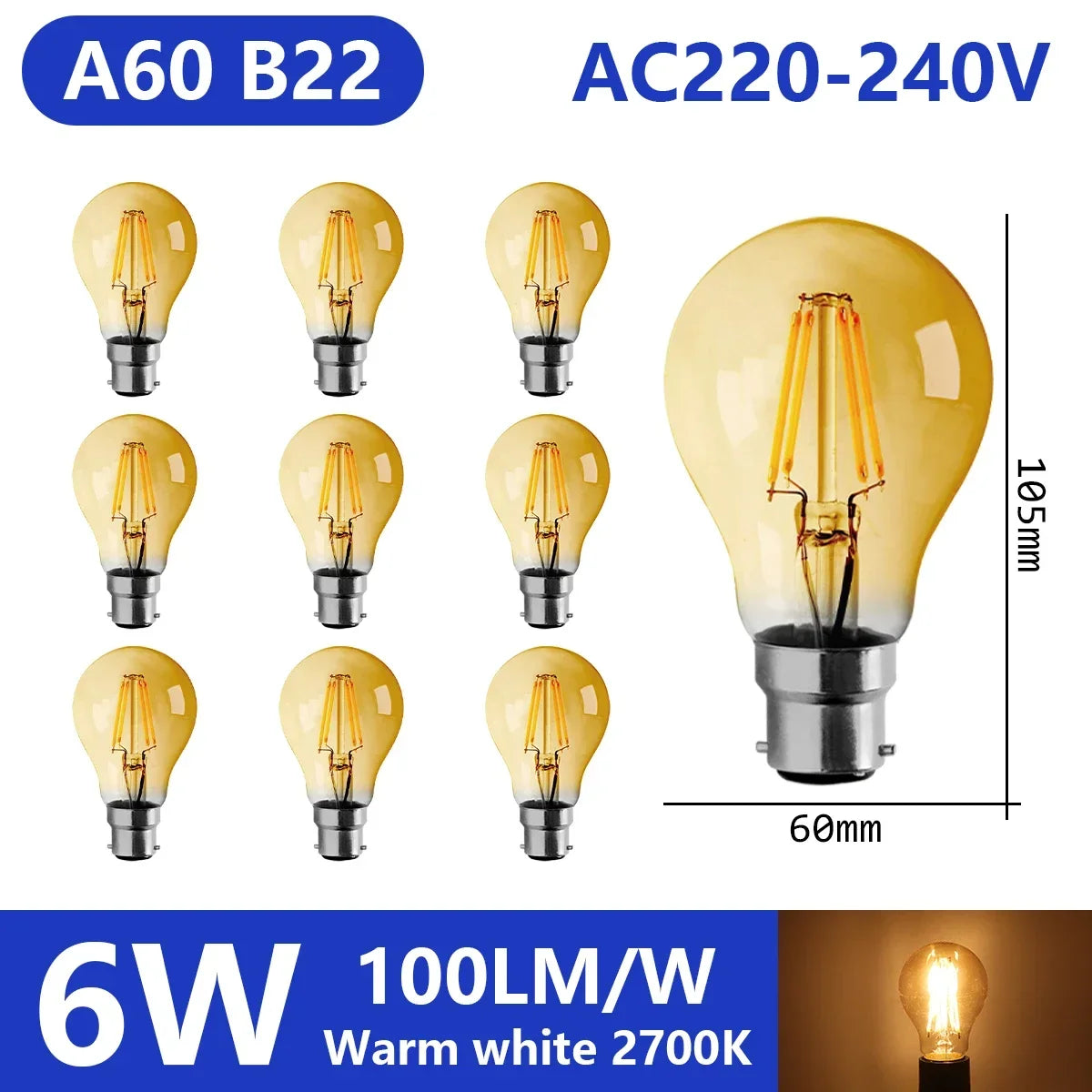Confezione da 10 lampadine a filamento LED per E27 B22 220V 240V 4W 6W 9W Lampadine a LED bianche calde Lampada in vetro vintage