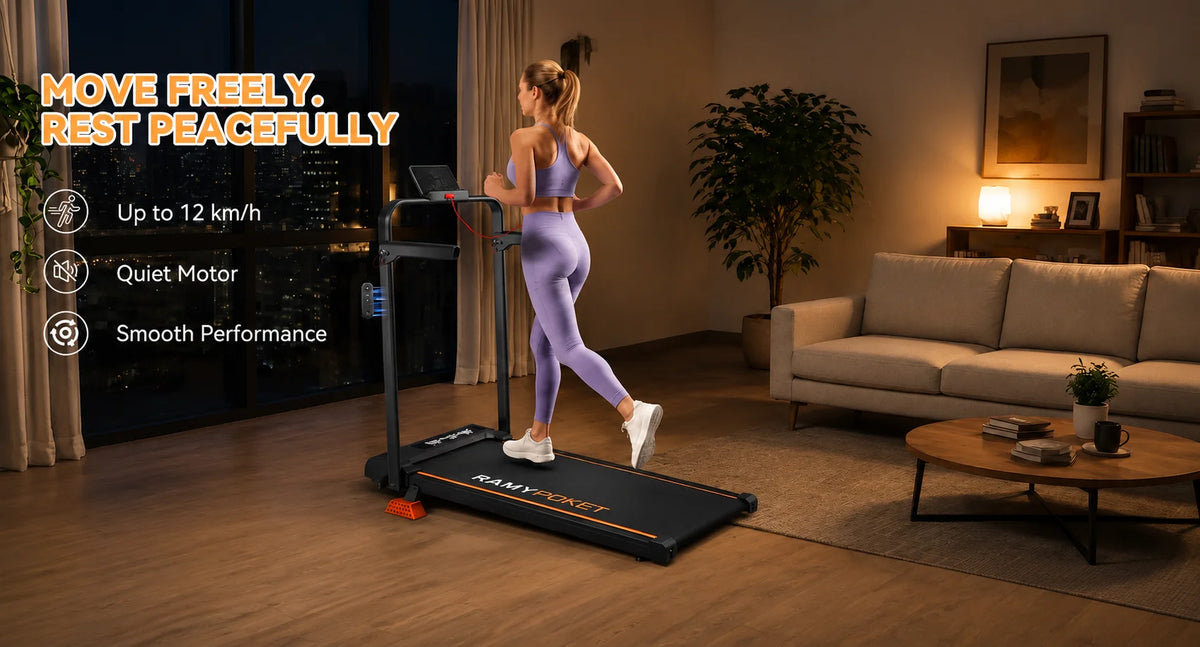 Ramypoket Tapis Roulant Pieghevole con Inclinazione 15%, Tapis Roulant 12Km/H, App/LED, Tapis Roulant da Ufficio, Carico Massimo 150kg