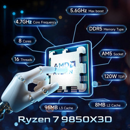CPU AMD Ryzen 7 9850X3D 8-Core, 4.7GHz Base 5.6GHz Boost, 96MB Cache L3, Socket AM5, DDR5, 120W TDP, Senza Dissipatore