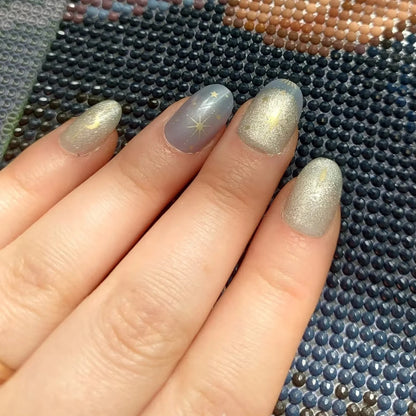 24 pezzi romantico Y2k stella stampa sulle unghie sfumatura blu stile francese oro luna disegni unghie finte mandorla dolce unghie finte per le donne