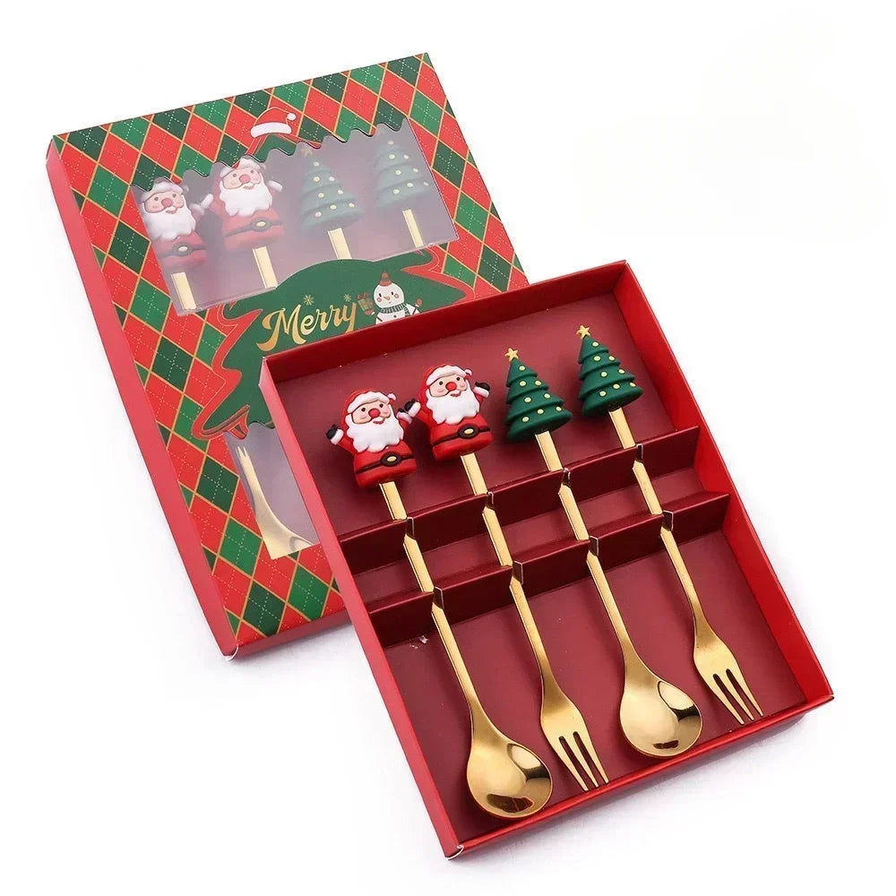 Set cucchiaio e forchetta natalizio in acciaio inossidabile caffè tè utensili da dessert confezione regalo design albero di Babbo Natale facile da pulire     6/4/2/1PZ