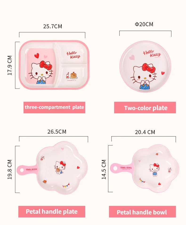 WUHE Set di Stoviglie per Bambini Hello Kitty, Ciotole e Piatti in Melamina, Design Cartoon per Ragazze, Senza BPA, Infrangibile, Lavabile in Lavastoviglie