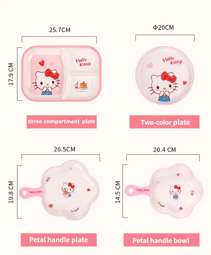 WUHE Set di Stoviglie per Bambini Hello Kitty, Ciotole e Piatti in Melamina, Design Cartoon per Ragazze, Senza BPA, Infrangibile, Lavabile in Lavastoviglie