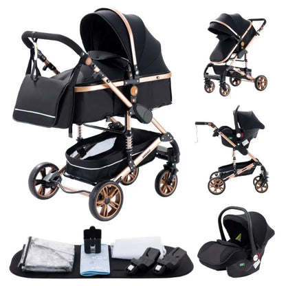 Passeggino 3 in 1 Facile da piegare Telaio in alluminio ad alto paesaggio Passeggino neonato con ruota in gomma per assorbimento degli urti a quattro ruote