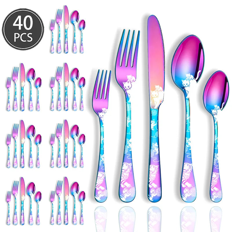 Set di posate in acciaio inossidabile con incisione laser Rose Cat, 4/15/25/40 pezzi, coltello, forchetta, cucchiaio, per coppie, stoviglie per feste