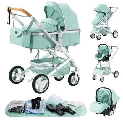 Passeggino 3 in 1 Facile da piegare Telaio in alluminio ad alto paesaggio Passeggino neonato con ruota in gomma per assorbimento degli urti a quattro ruote