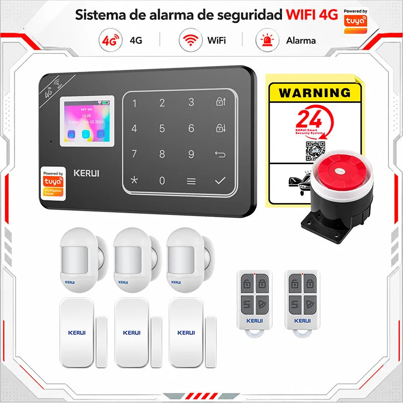 Sistema di Allarme Domestico KERUI WIFI 4G GSM Compatibile con App Tuya Smart Life, Alexa e Google, Sicurezza Wireless per Casa 433MHz