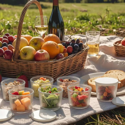 Set di 4/6 Piccole Ciotole in Vetro con Coperchio, Contenitori Impilabili in Vetro Trasparente a Righe per Dessert, Budini, Salse, Salse Piccanti, Noci, Avena, Caramelle, Dolciumi