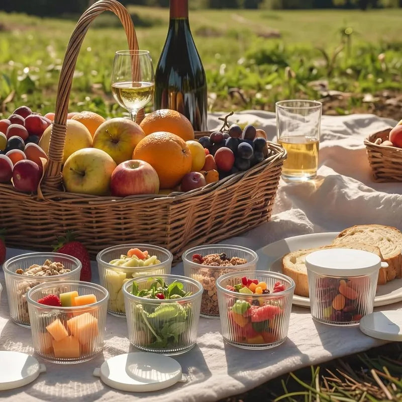 Set di 4/6 Piccole Ciotole in Vetro con Coperchio, Contenitori Impilabili in Vetro Trasparente a Righe per Dessert, Budini, Salse, Salse Piccanti, Noci, Avena, Caramelle, Dolciumi
