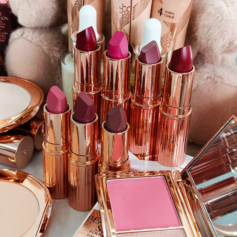 Rossetto in stick Charlotte New Pink Diamond Gold, fard in polvere colorato, lucidalabbra alla frutta, 4 colori, cosmetici portatili Tilbury