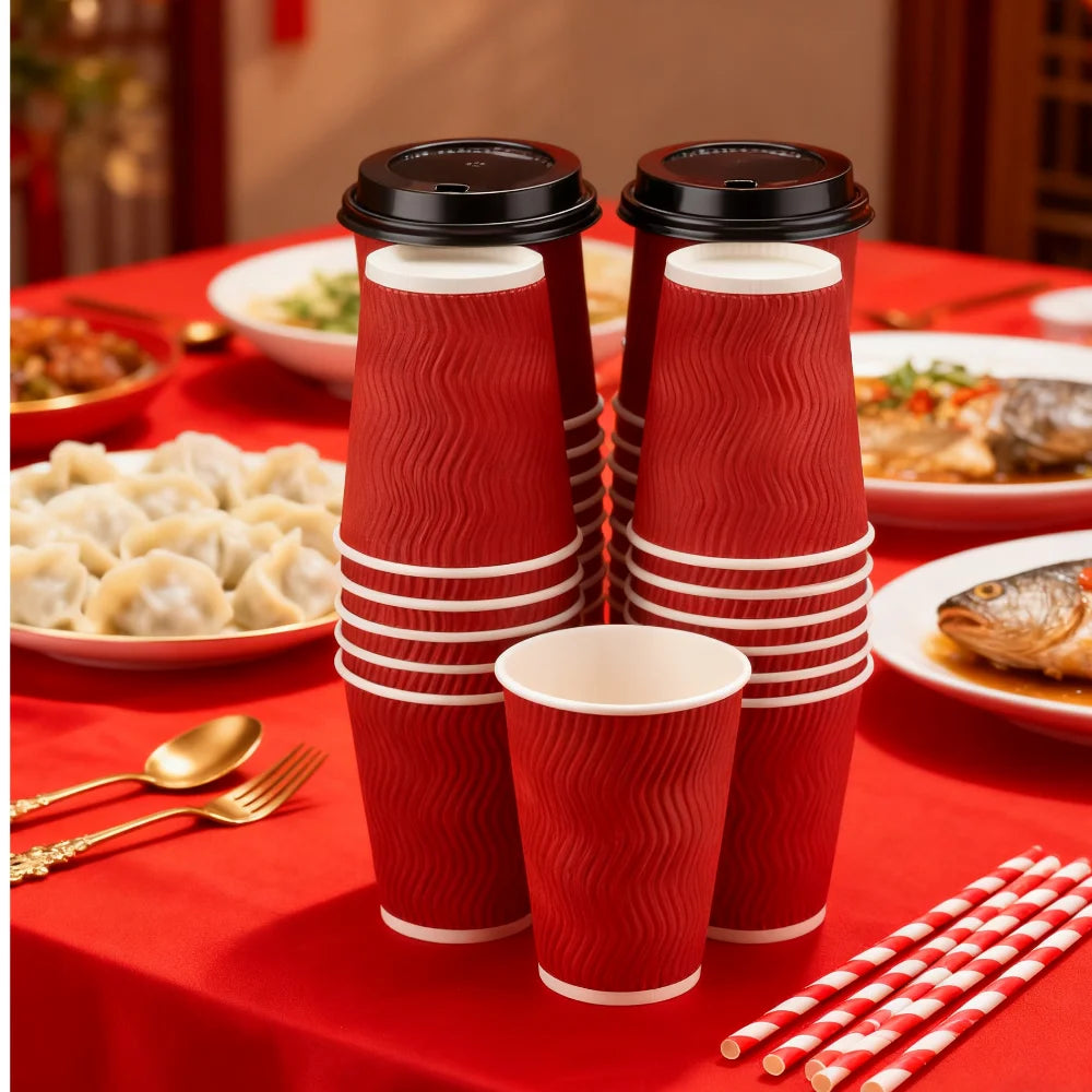 Tazze da caffè usa e getta ondulate rosse Tazze termoisolanti con cannuccia per bevande calde Ideale per feste di Natale Capodanno