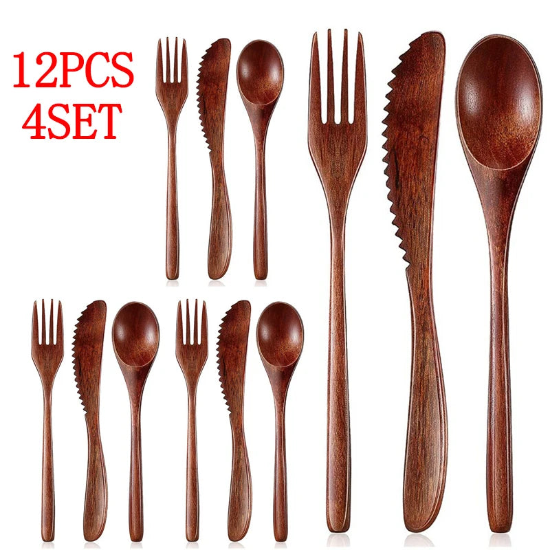 24/12 Pezzi Cucchiaio di Legno Cucchiaio da Zuppa e Forchetta Stoviglie Set di Cucchiai con Mestolo Ellipse Naturale Prodotti Ecologici Cucchiai per Cucinare