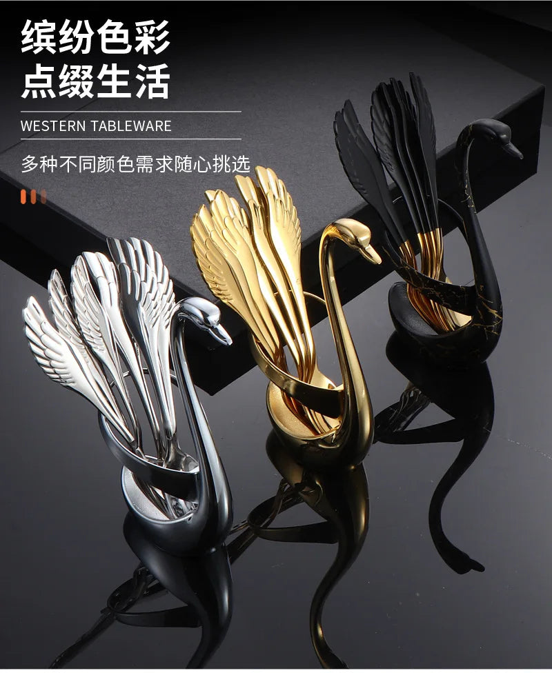 Set di forchette eleganti con base a forma di cigno, cucchiaio da caffè, dessert e insalata in acciaio inossidabile, posate per torte, stoviglie a zero sprechi, dropship