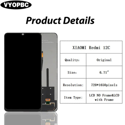 Display LCD originale per XIAOMI Redmi 12C Touch Screen con pannello telaio Digitizer 22120RN86G 22120RN86I 22126RN91Y 2212ARNC4L