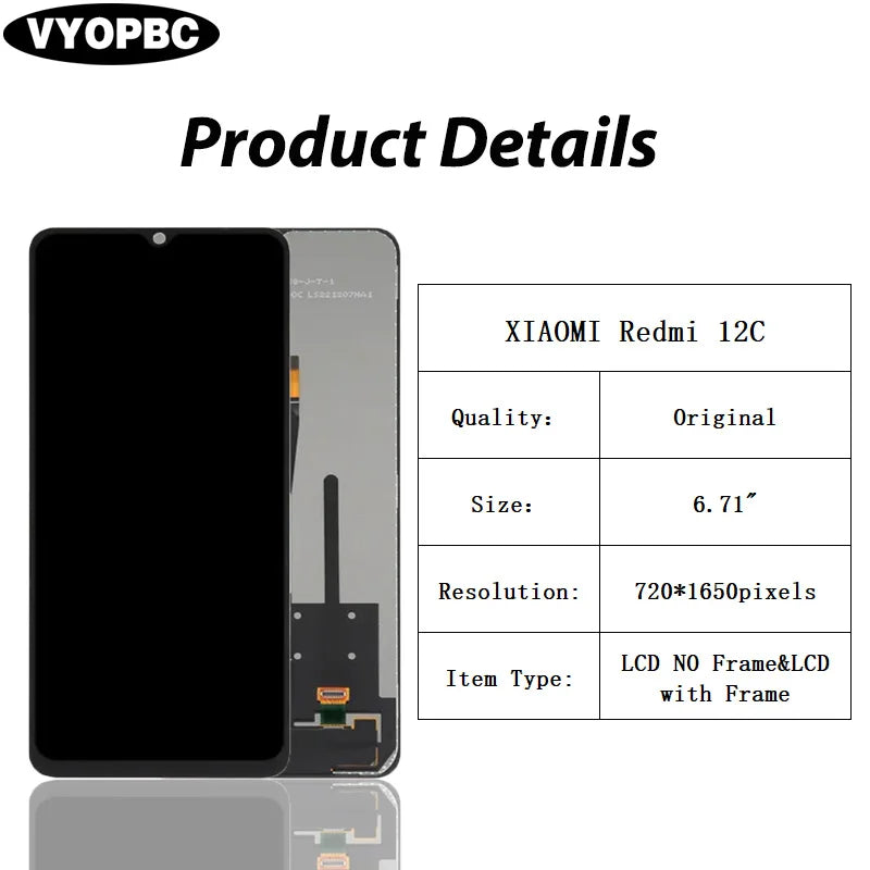 Display LCD originale per XIAOMI Redmi 12C Touch Screen con pannello telaio Digitizer 22120RN86G 22120RN86I 22126RN91Y 2212ARNC4L
